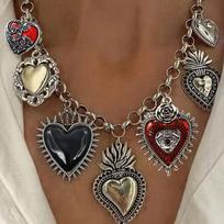 Gothic Chunky Chain Charms Flaming Heart Statement Necklace Evil Eyes Pendant Anti-silver Red Black Halloween Jewelry