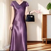 Elegantiška atlasinė trumpomis rankovėmis undinukės suknelė liekninanti vasarinė prancūziško stiliaus aukštos kokybės ilga suknelė M violetinė