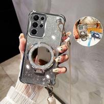 Kryžinė virvelė Blizgantis Atsparus smūgiams Padengtas dėklas Samsung Galaxy S25 S24 S23 S22 S21 S20 Ultra FE Plus Veidrodinis laikiklis Dangtelis S25 sidabras