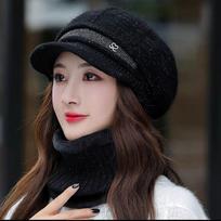 Megzta kepurė moteriška universali kepurė šalikas dviejų dalių uždangalas žiemai tinka dideliam veidui šilta ir aksominė motinos kepurė one size elastic (hat + scarf) black