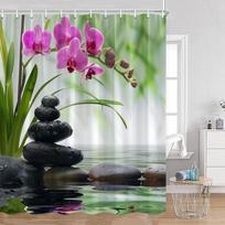 Zen Dušo Užuolaidos Juodas Akmuo Žalias Bambukas Lotosas Spa Žvakė Violetinė Orchidė Natūralus Lapas Vonios Užuolaida Meditacijos Vonia Dekoras 120x180cm-47x70in