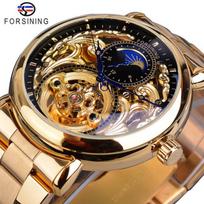 „Forsining“ automatinis mechaninis verslo laikrodis vyriškas laikrodis „Golden Moon Phase“ plieno dirželis riešiniai laikrodžiai Populiariausias prekės ženklas mėlyna