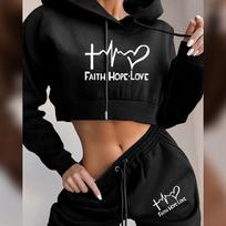 Moteriškas sportinis kostiumas, 2 dalių rinkinys Faith Love Letter Hoodies Kelnės kostiumas Sportinė apranga pavasariui Moteriški drabužiai Bėgiojimas Sportas Crop Tops S