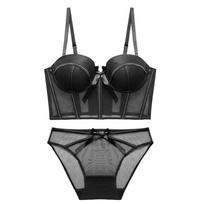 Naujas moteriškas apatinis trikotažas Sexy Push Up liemenėlės rinkinys nėrinių tinklelis permatomas liemenėlis juodos žuvies kaulo kūno formuotojas viršutinis lankelis papuoš intymią 70B juoda