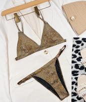 Seksualus moteriškas maudymosi kostiumas Auksinis blizgus trikampis maišelio sagties bikini komplektas Paplūdimio drabužiai Maudymosi kostiumai S auksas