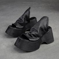 „Johnature“ moteriškos platforminės šlepetės Natūralios odos storas padas, pleištai, šlepetės Retro madingi batai „Peep Toe“ 36 black