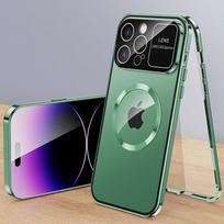 Prabangus aliuminio metalinis magnetinis Magsafe dėklas iPhone 16 15 14 13 12 Pro Max Plus su dideliu stikliniu objektyvo apsaugos dangteliu, skirtu belaidžiam įkrovimui For iPhone 14 Pro Max žalia