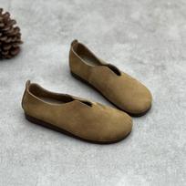 „Johnature“ natūralios odos vientisos spalvos moteriški plokščiapadžiai batai Glaustai retro stiliaus rankų darbo apvalūs, negiliai užsegami batai 35 chaki