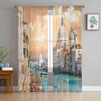 Venecijos pastatas vandens valtis modernūs spausdinti tiulio užuolaidos miegamojo balkono langų dekoravimui kūrybingos mados namų permatomos užuolaidos 135W x 114H(cm) beige