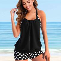 Moteriški maudymosi kostiumėliai „Tankini“ 2 dalių maudymosi kostiumėlis „Red Dots Print“ atostogų maudymosi kostiumėliai S juoda