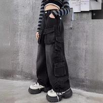 Cargo džinsai mergaitėms Pavasariniai laisvi laisvalaikio elastingi juosmuo paaugliams vaikiškos plačios kelnės Dizaino Streetwear vaikiškos kelnės 170cm juoda