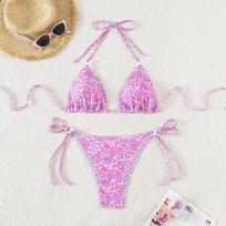 Moteriškas maudymosi kostiumėlis gėlėtas su kaspinėliu, seksualus trikampis, surišamas šone, žemo liemens bikinis, paplūdimio drabužiai, maudymosi kostiumėliai S violetinė