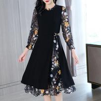 Large Women's Chiffon Splicing Fake Two-piece Dress Loose Show Thin Skirt Floral Chiffon Long-sleeved Dress Elegant Simple Literary A-line Skirt M