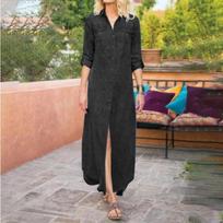 Vintažinė mėlyna plius dydžio moteriška džinsinė suknelė vasarinė elegantiška ilgomis rankovėmis laisvi laisvalaikio marškiniai Suknelė moteriška Madinga vientisos ilgos suknelės su viena krūtine 1000 S juoda
