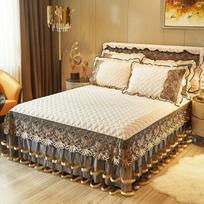 Šiaurės šalių patalynė lovatiesė Prabangi lovatiesė Nėriniai Siuvinėjimas Crystal Velvet King Ruffle Wrap Easy Fit Storas dygsniuotas lovos sijonas 150*200cm with pillowcase smėlis