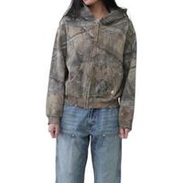 Unisex Hoodie Hip Hop Style Vintage Long Sleeves Printed Zip-up Thick Warm Hooded Pockets L chaki