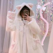 Moteriška žieminė striukė Lolita Fleece pamušalu sustorėjusi mergina Minkštas audinys Kawaii Cat Ear Hat Claw Mielas pliušinis baltas paltas jaunatviška parka S balta