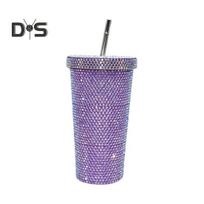 Blizgantis cirkonio termo puodelis iš nerūdijančio plieno su dangteliu ir šiaudeliu, vandens buteliukas su cirkoniais, dovana Valentino dienos proga 500ML violetinė