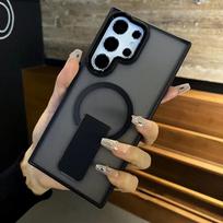Sulankstomas stovas laikiklis magnetinis belaidžio įkrovimo dėklas skirtas Samsung S23 S24 S25 S26 Ultra Plus matinis permatomas smūgiams atsparus buferio dangtelis Samsung S24 juoda