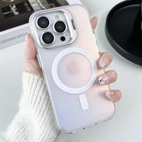 Spalvą keičiantis magnetinis Magsafe telefono dėklas iPhone 16 15 14 Plus 13 12 11 Pro Max, apsauga su lęšio stiklo plėvele, metalinis stovas, dangtelis iPhone 16 Pro Max balta