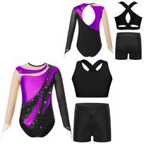 Gimnastikos triko mergaitėms, vaikams, su šortais, ilgomis rankovėmis, akrobatikai, baletui, šokiui, vienetinis kostiumas su aktyvia liemene 5-6 Years violetinė