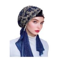 Nėriniuotas tampus turbanas moterims, iš anksto surištas galvos apdangalas, apvyniojamas, užsimaunamas tamsiai mėlyna spalva