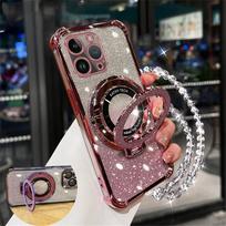 Blizgantis krištolinis apyrankės telefono laikiklio dėklas Samsung Galaxy S25 FE S24 Ultra A17 A06 A16 A26 A36 A56 atsparus smūgiams dangtelis su laikikliu For Samsung S25 rožinė