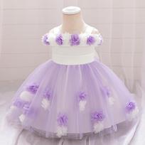 Vienerių metų kūdikio princesės suknelė: Gėlėta atvirų pečių tinklinė suknelė pasirodymui 90cm/12-18M balta violetine spalva