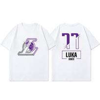 Lakers Luka Doncic trumpomis rankovėmis marškinėliai moteriški ir vyriški Amerikietiško krepšinio treniruočių kostiumas laisvas medvilninis kasdienis pusiau ilgomis rankovėmis S