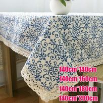 Retro mėlynos ir baltos spalvos porcelianinė staltiesė, nėriniai 140cm by 140cm