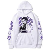 „Demon Slayer Shinobu Kochou“ grafiniai gobtuvai „Kimetsu No Yaiba Anime“ gobtuvas pavasario šiltas megztinis „Harajuku“ laisvos viršūnės XS balta
