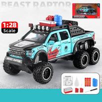 1/28 mastelio Ford Raptor F150 6X6 pikapas sunkvežimių sunkvežimių dyzelinis automobilio modelio žaislas, patraukiama atgal žaislinė transporto priemonė su garsu ir šviesa, skirta vaikams, mažiems vaikams dovanų kolekcija 1/28-21.5x10.5x9.5cm mėlyna