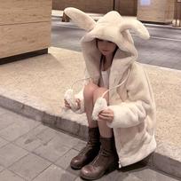 Pūkuotas striukė su triušio ausimis Raglan rankovėmis užtrauktuku negabaritinis lengvas minkštas Harajuku Kawaii šiltas dirbtinio kailio gobtuvas S balta