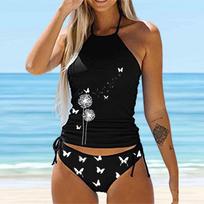 Moteriškas bikini tankinis maudymosi kostiumėlis su petnešėlėmis per kaklą, drugelių ir kiaulpienių raštu XL ruda