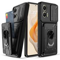 Šarvuotas dėklas Motorola Moto Edge 50 Pro Fusion 40 Neo G84 G54 4G Pro 4G 5G su kortelių laikikliu, slankiojančiu kameros dangteliu, žiedu-stovu, šarvuotu atlenkiamu stovu Moto Edge 50 Ultra juoda