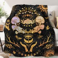 Grybų Hippie Antklodė Moliūgo Gotikinė Raganiška Flanelinė Mėtoma Antklodė Visam Sezonui Saulė Mėnulis Pūkuota Minkšta Lovos Sofos Biuro Antklodė 70x100cm-XS