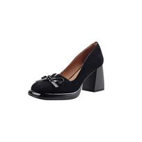 Moterų Batai 2025 Pavasaris Retro Aukštakulniai Drugelio Mazgas Kvadratinis Kulnas Dirbtinio Suede Kasdieniai Elegantiški 6-8cm Siurbliai Tacones Para Mujer 35 juoda