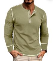 Vyriški „Henley“ marškinėliai, laisvalaikio ilgomis rankovėmis lengvi megztiniai marškinėliai „Strettch Basic Tees“ viršutiniai treniruokliai, sportiški, ploni „Henley“ marškinėliai vyrams S žalia