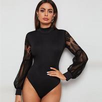 Moteriški nėriniai permatomi V kaklo ilgomis rankovėmis marškinėliai Viršutinės kombinezono kombinezonas Bodycon Rompers Fall Clothes Clubwear Bodysuits L juoda