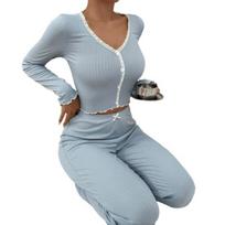 2 Pcs/Set Spring Women Top Pants Suit Long Sleeves V Neck Lace Shirring Trim S dangaus mėlyna spalva
