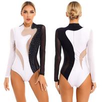 Moterų dailiojo čiuožimo kostiumai Jazz Dance Unitard Moterų šokių drabužiai Baleto triko šokių drabužiai Scenos pasirodymas S juoda/balta