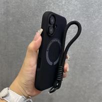 Magsafe skysto silikono dėklas su virvele, skirtas iPhone 16 15 14 13 12 11 Pro Max 16 Plus, su mikropluošto pamušalu, belaidis apyrankės dangtelis iPhone 16 Pro Max juoda