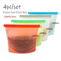 4 vnt. Silikoninis maišelis Daugkartinis silikoninis maisto maišelis Nulinės atliekos Ziplock maisto laikymo maišelis Šaldytuvo šviežumo maišeliai Organizatorius 1000ml/1500ml