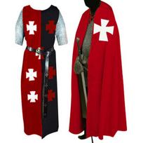 Vyriškas viduramžių riterio Septynių Templierių Helovino kostiumas su gobtuvu, apsiaustu, renesanso siurkotu, cosplay kostiumai (S-6XL) S raudona