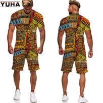 YUHA, Afrikietiški 3D spausdinimo moteriški/vyriški marškinėlių rinkiniai Afrika Dashiki Vyriškas sportinis kostiumas/viršutiniai drabužiai/šortai Sportui ir laisvalaikiui Vasarinis vyriškas kostiumas S