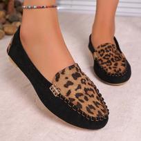 Women's Leopard Print Patchwork Loafers,Black Slip-on Shoes,Metal Chain Detail,Animal Print Fabric Upper,Flat Toe,Slip-on Loafers, 43 ruda