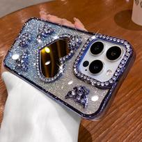 Širdelės makiažo veidrodėlio dėklas iPhone 16 Pro Max 15 Plus, padengtas drugelio dangtelis iPhone 14 Pro 13 12 11, blizgučių deimantų dėklas iPhone 15 Pro mėlyna