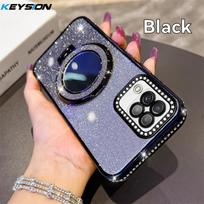 KEYSION Prabangus blizgantis deimantais inkrustuotas magnetinis telefono dėklas, skirtas Samsung Galaxy A22 A22S 5G A12 M12, su veidrodėliu, atrama, atsparus smūgiams dangtelis for Samsung A22 4G juoda