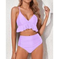Aukšto liemens bikini maudymosi kostiumas Vienspalvis Atskiras dizainas Lapelių krašto detalės Kinijos prekės ženklas Moteriškas madingas maudymosi kostiumas L levandų violetinė spalva