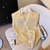 Lace Trim Patchwork Sweater Vest Spring Autumn Cardigan Knitted Vest Sleeveless Waistcoat Coat Top Short Style 2XL pilka spalva